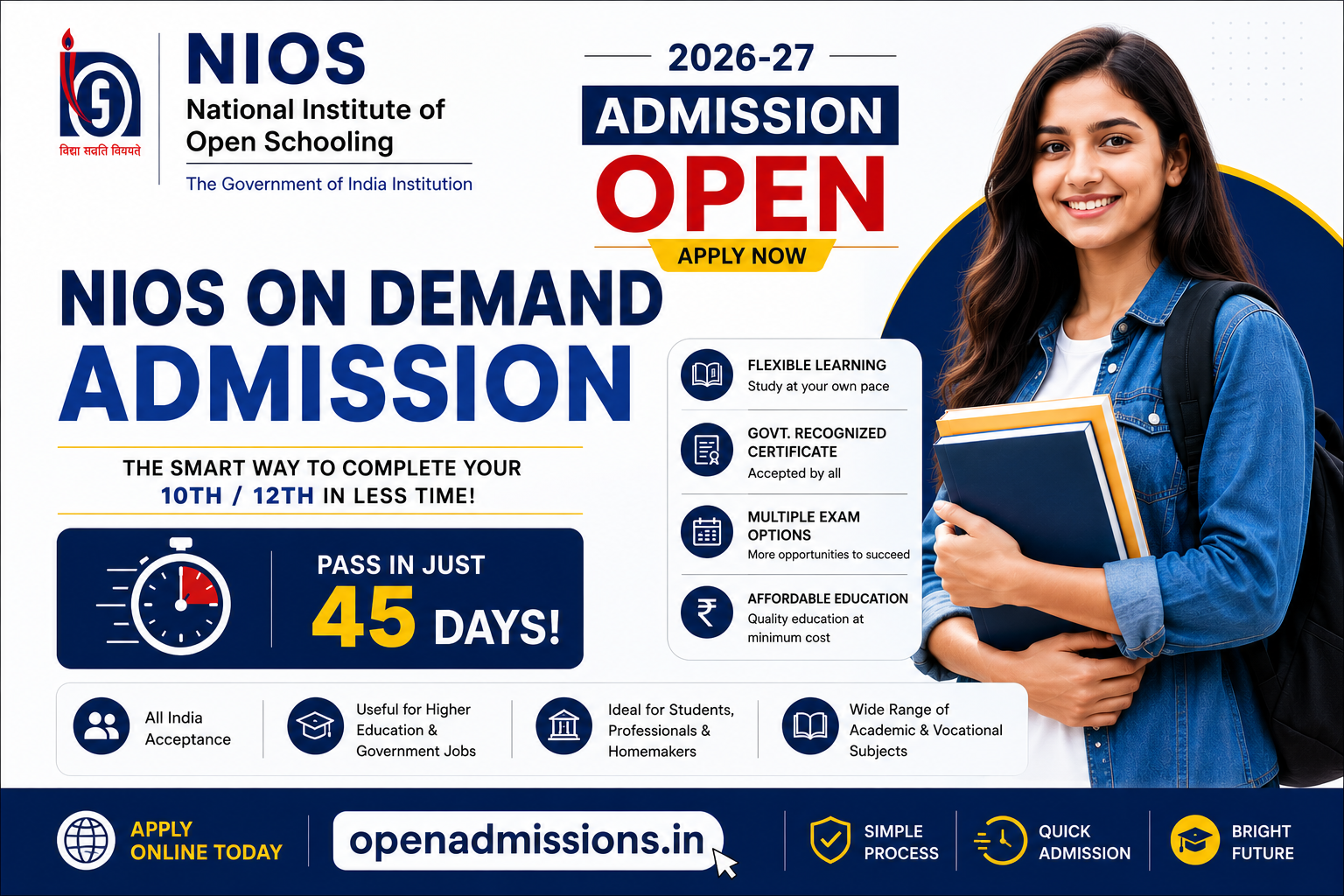 NIOS On Demand Admission 2026 for Class 10th and 12th students - Pass 10th and 12th through NIOS Open Schooling with flexible examination system